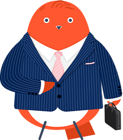 The Qalius bird dressed in a suit and tie and holding a briefcase.
