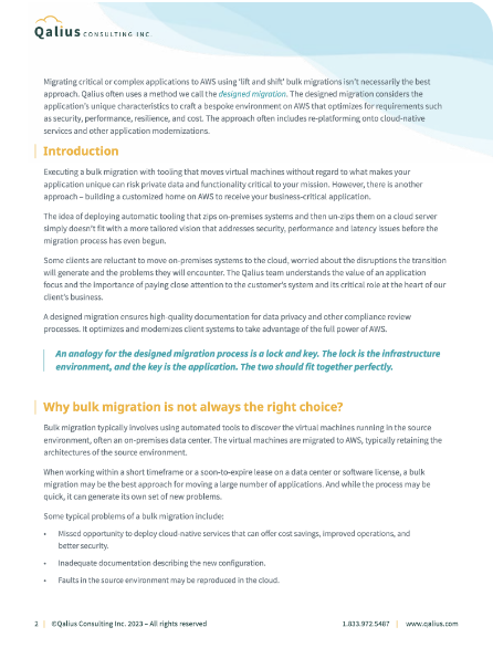 A document titled "QALITAS CONSULTING INC." discusses application migration. It features headings, subheadings, and body text, with sections titled "Introduction" and "Why bulk migration is not always the right choice?" against a light blue and white background. The tone appears informational and professional.