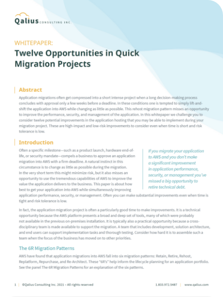 Document titled 'Twelve Opportunities in Quick Migration Projects' with abstract and introduction sections. Text is in a clean, professional layout.
