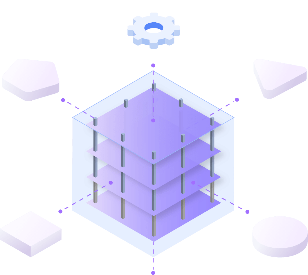 A 3D cube with layered structures, surrounded by geometric shapes and a gear on a black background. The design has a futuristic, technological feel.