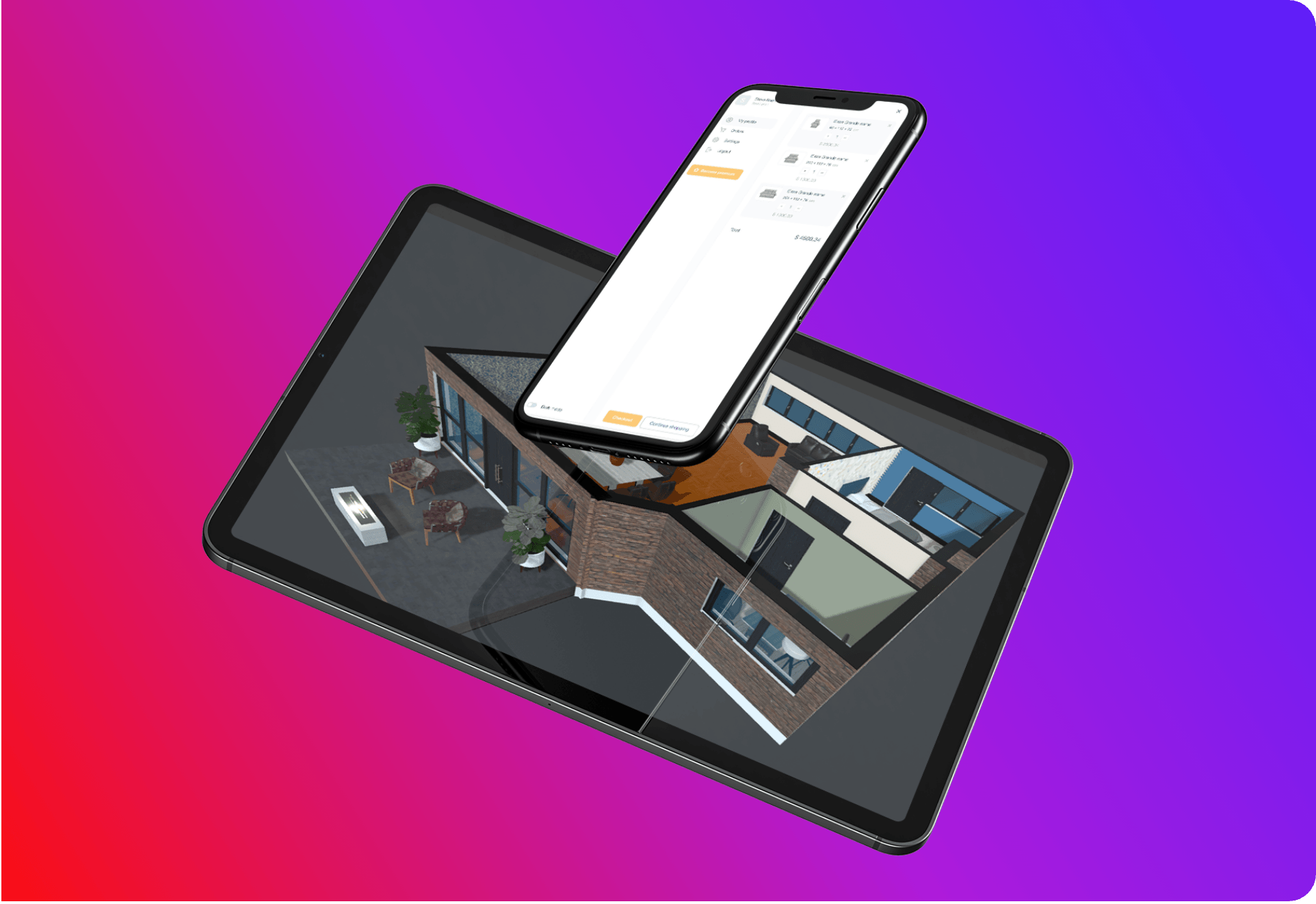 A smartphone displaying a home design app rests over a tablet showing a 3D house interior, set against a vivid pink-to-purple gradient.