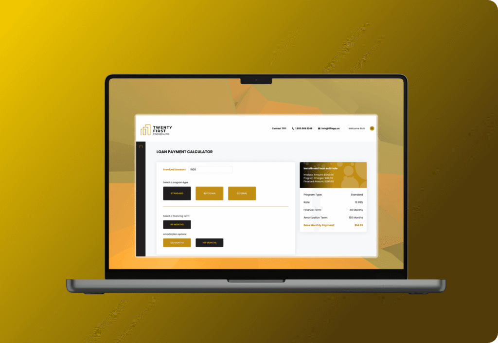 TFFI@2x Laptop displaying a loan payment calculator dashboard with form fields and summary panel, set against a warm yellow geometric background.