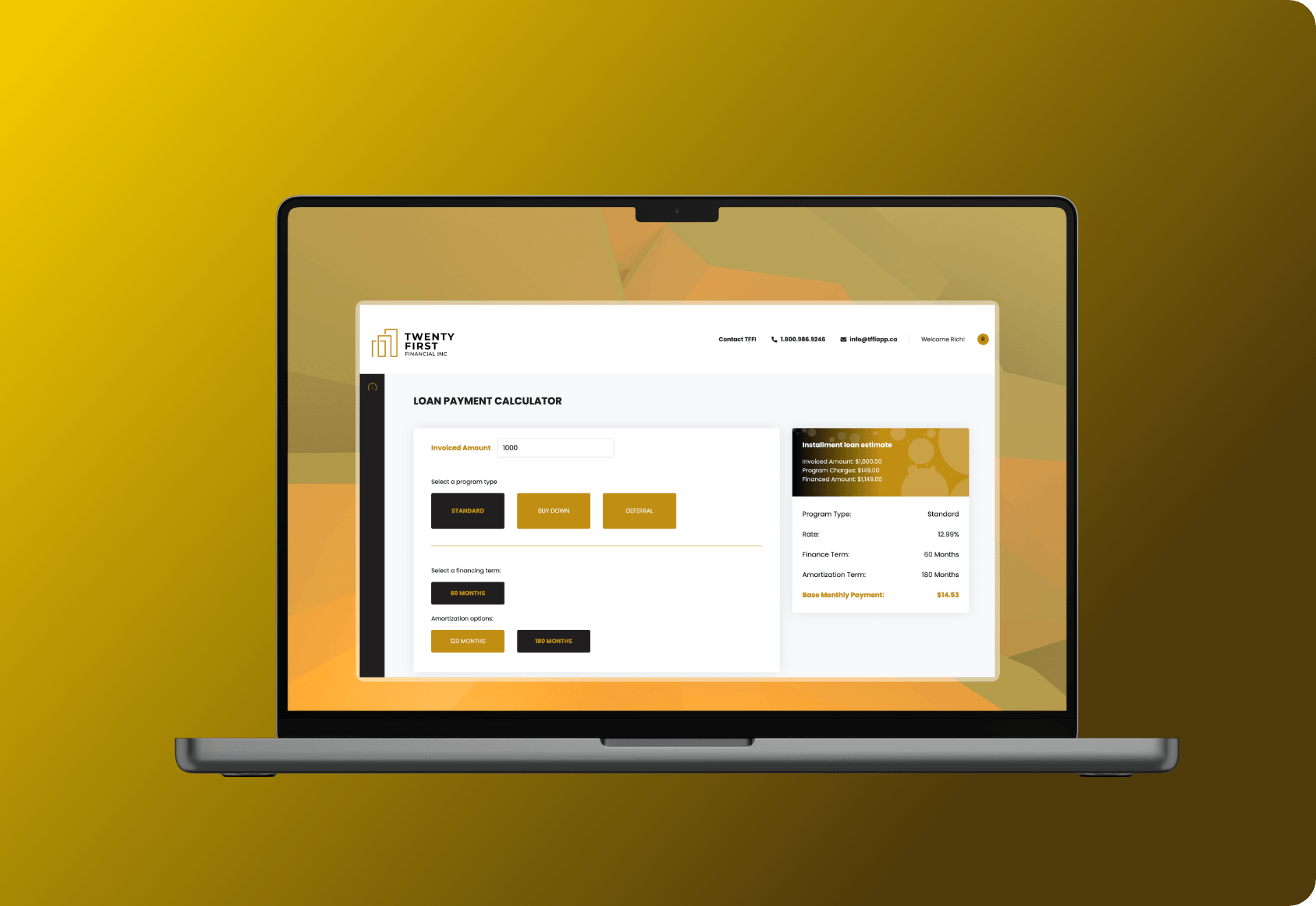 Laptop displaying a loan payment calculator dashboard with form fields and summary panel, set against a warm yellow geometric background.
